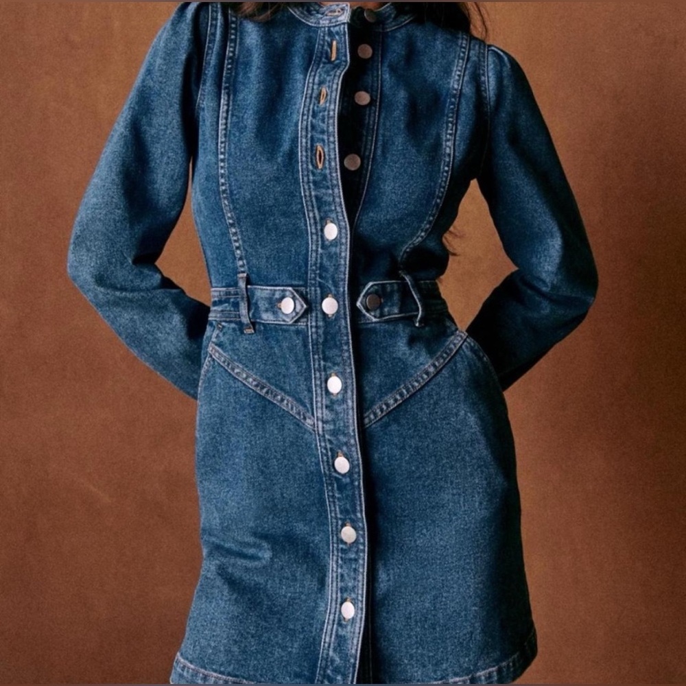 Sezane Denim Button-Front Mini Dress in Deep Blue